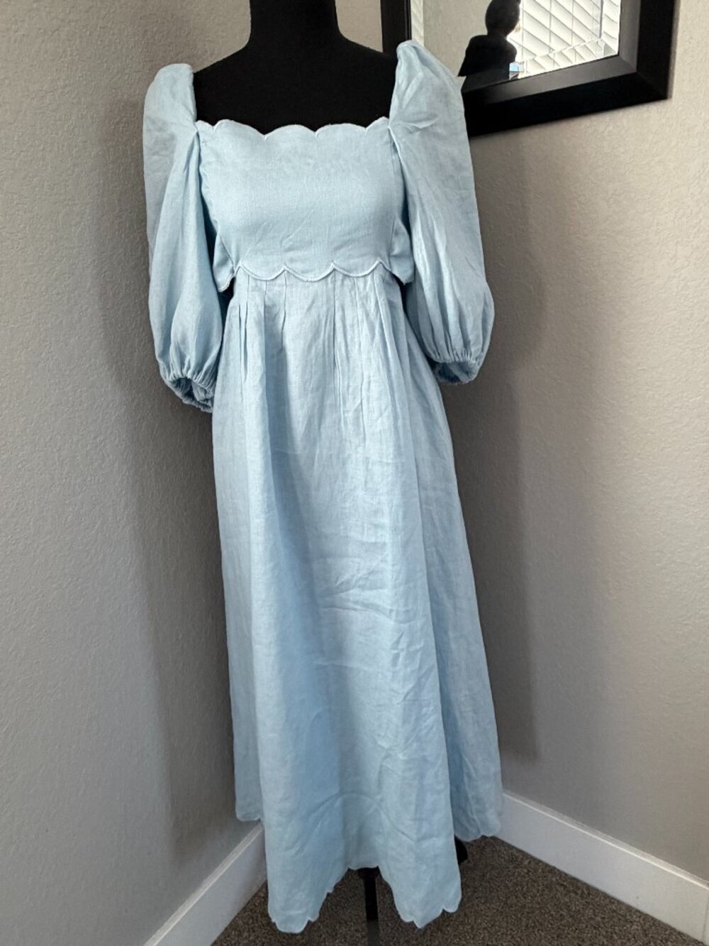 MABLE Scalloped Blue Linen Midi Dress Puff Sleeves Small - Picture 4 of 14